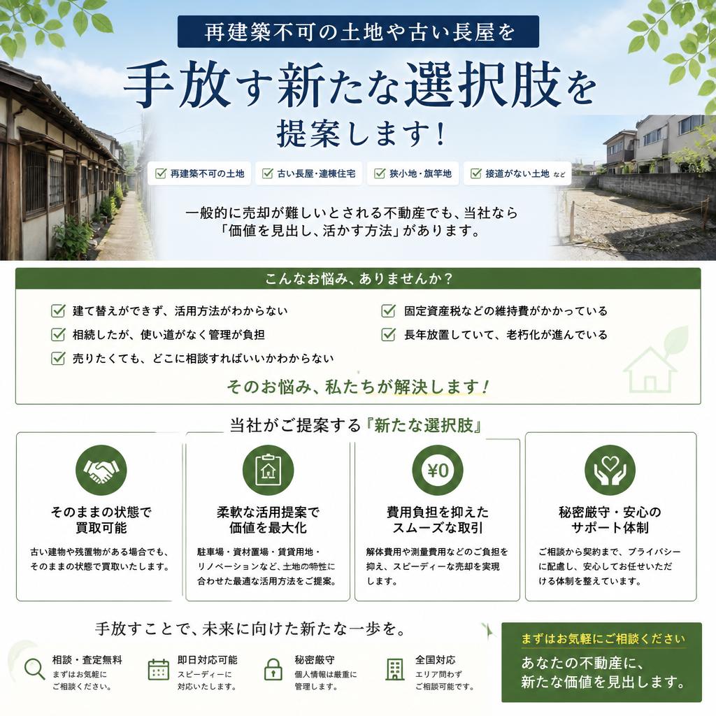 再建築不可の土地や古い長屋を手放す新たな選択肢を提案します！|加古川市不動産売却買取相談センター