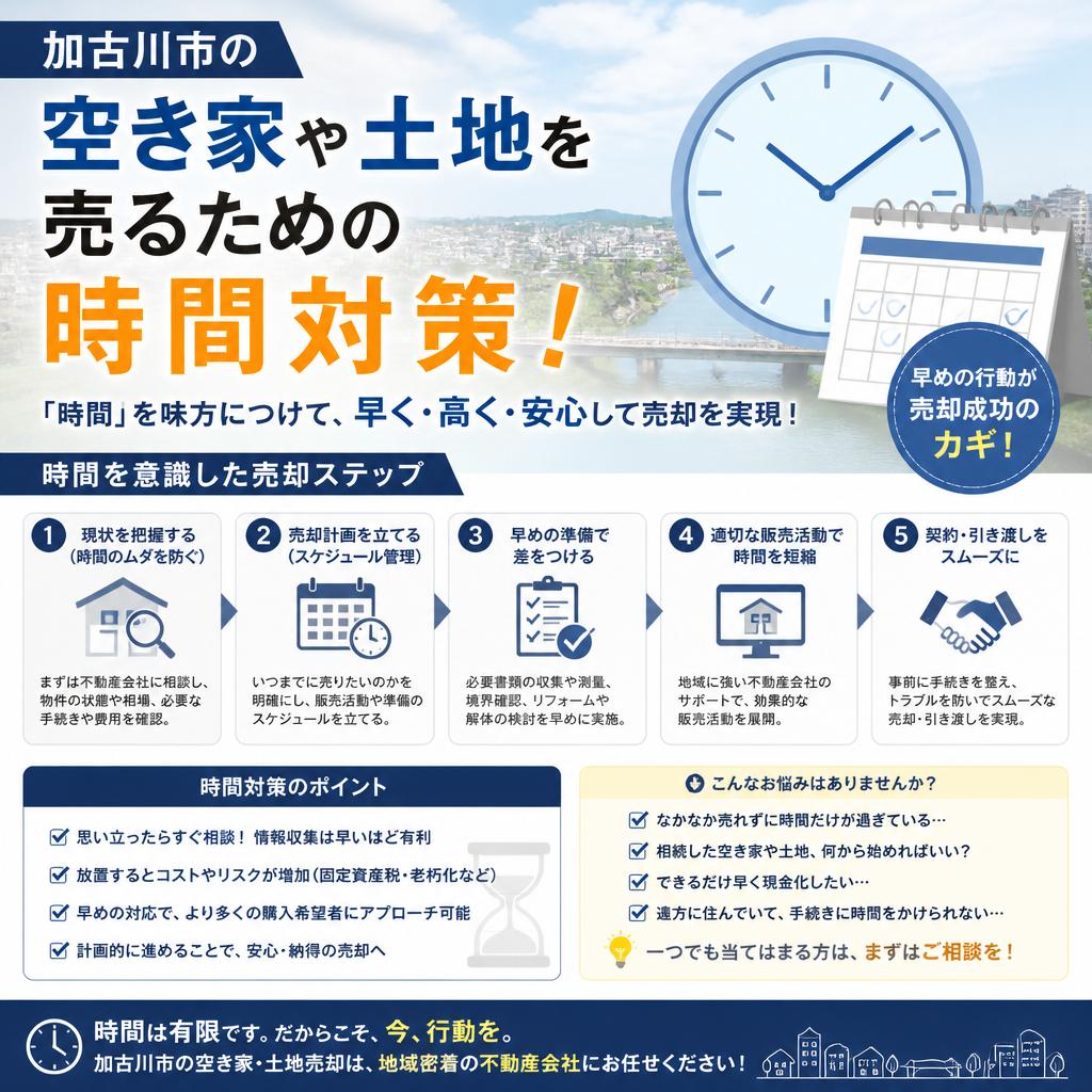 加古川市の空き家や土地を売るための時間対策！いつ売れる？不安を解消するための適切なタイミングを見極める秘訣をご紹介|加古川市不動産売却買取相談センター