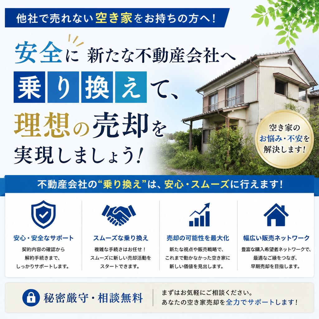 他社で売れない加古川市の空き家をお持ちの方へ！安全に新たな不動産会社へ乗り換えて、理想の売却を実現しましょう！|加古川市不動産売却買取相談センター