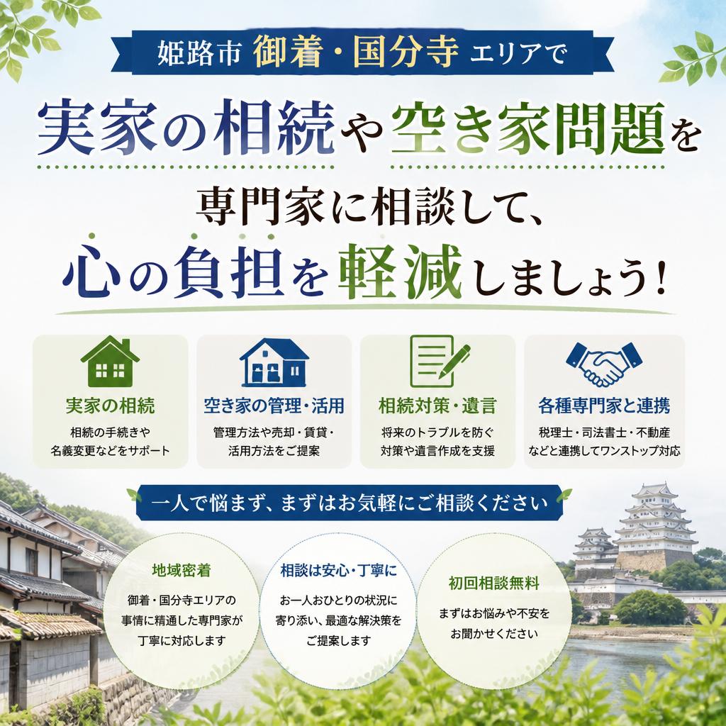 姫路市御着・国分寺エリアで、実家の相続や空き家問題を専門家に相談して、心の負担を軽減しましょう！|加古川市不動産売却買取相談センター