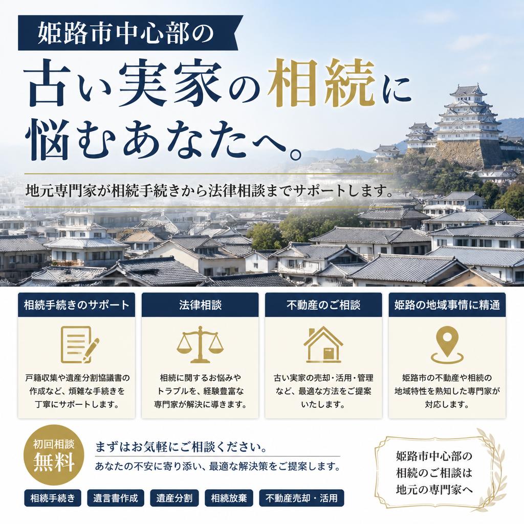 姫路市中心部の古い実家の相続に悩むあなたへ。地元専門家が相続手続きから法律相談までサポートします。|加古川市不動産売却買取相談センター