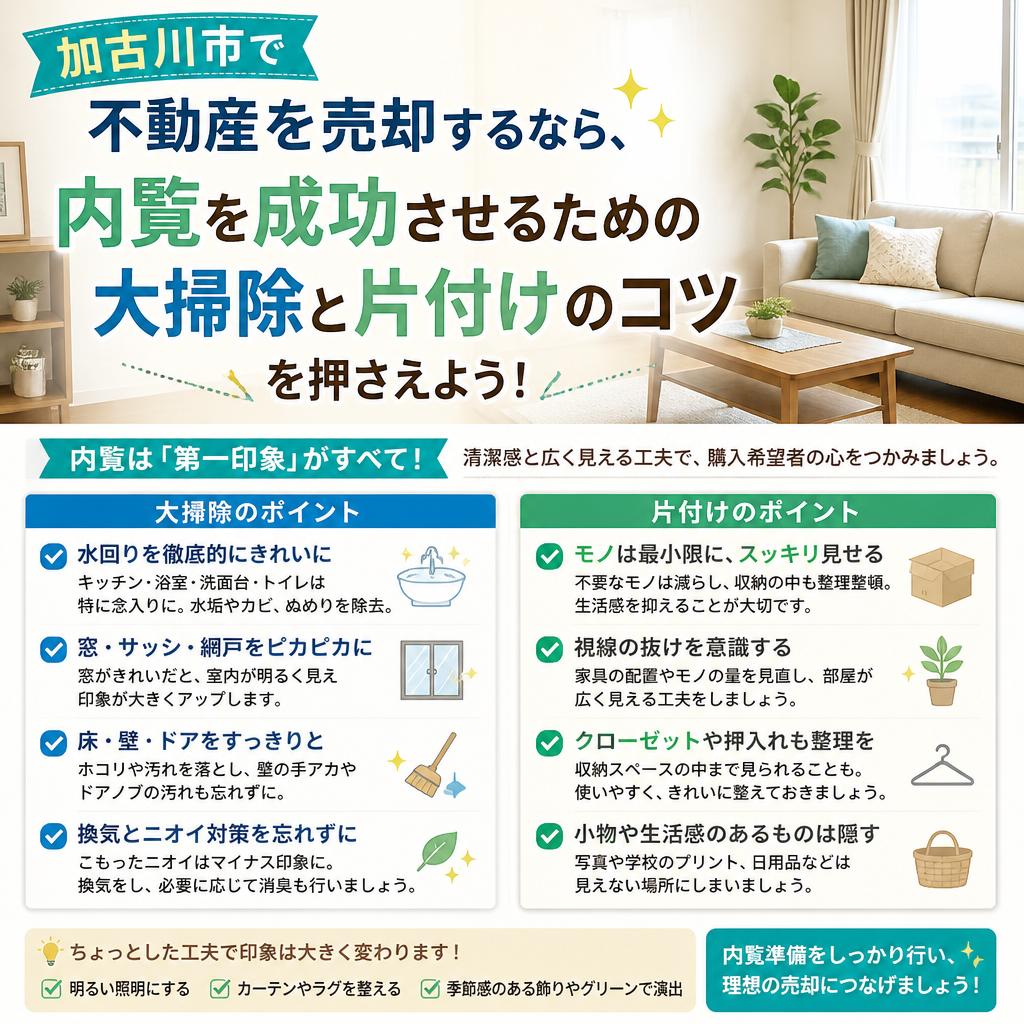 加古川市で不動産を売却するなら、内覧を成功させるための大掃除と片付けのコツを押さえよう！|加古川市不動産売却買取相談センター